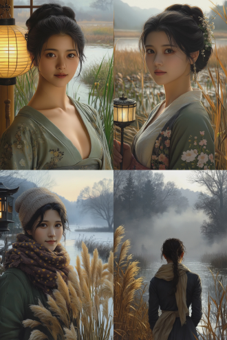 中国美女提马灯站芦苇丛前，背景小河与雾，三分法构图，中焦大光圈，暖光，古风服饰，浅笑，蓝绿暖黄配色，宁静。