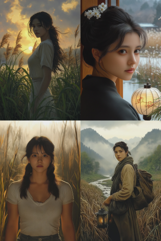 中国美女提马灯站芦苇丛前，后有小河与雾，全身照人占三分之一，中焦大光圈，暖色调，侧光，宁静氛围。
