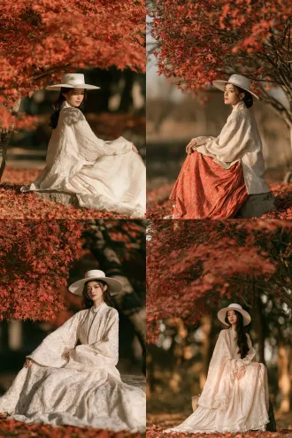 中国白衣礼帽美女坐树下石上，满树红叶，遍地红叶，长焦大光圈，秋日林间，柔金逆光，浅景深，暖红主调，静谧优雅，胶片质感，自然光影。