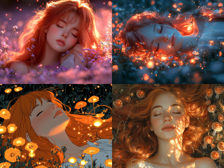 close-up of a redhead anime girl with gentle brown eyes, lying in a field of wildflowers and glowing mushrooms under a blanket of stars, bathed in red lighting, wearing a simple white cotton dress, her long hair loose and flowing in the night breeze. 迪士尼 娃娃屋