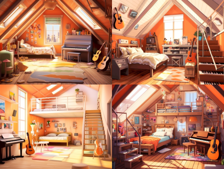 卡通质感，白色与橙色，音乐主题房间，阁楼床，彩色床幔，床的一边侧面扶手梯子，另一边是滑梯，床下有音响，吉他，话筒，乐谱，钢琴上摆满奖杯，黑色木质钢琴，口风琴，耳机，小圆桌，小凳子，明亮色彩，柔和光线，充满趣味细节，温暖氛围，对称构图，景深效果，圆润边缘，高饱和度，欢乐情绪，c4d建模，对称构图 迪士尼 娃娃屋