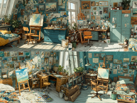 画家的家的工作台，有画稿、台灯、墙上挂满了画、画架、调色盘、颜料、画笔、转椅、绿植，床，彩绘床单被子，衣柜，水桶，颜料盒，调色盘，明媚阳光照进房间，3d卡通渲染风格，c4d建模，oc渲染器，暖色调，柔光，细节丰富，舒适温馨，生动活泼，对称构图