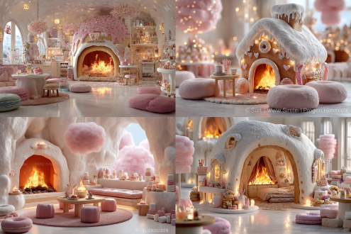 糖果屋内景中心构图，面包床，甜甜圈壁炉火焰，巧克力书桌，棒棒糖笔，棉花糖吊灯，饼干座椅环绕，3d卡通渲染，c4d建模，oc渲染器，高饱和度，糖霜材质纹理，柔光漫射，焦糖色软阴影，马卡龙色调
