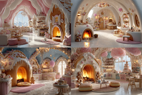 糖果屋内景中心构图，面包床，甜甜圈壁炉火焰，巧克力书桌，棒棒糖笔，棉花糖吊灯，姜饼人和姜饼木马，小圆桌，上面放着茶壶和杯子，3d卡通渲染，c4d建模，oc渲染器，高饱和度，糖霜材质纹理，柔光漫射，多彩糖果色，阳光充足，明亮光