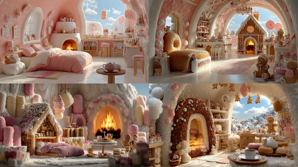 糖果屋内景中心构图，面包床，甜甜圈壁炉火焰，巧克力书桌，棒棒糖笔，棉花糖吊灯，姜饼人和姜饼木马，小圆桌，上面放着茶壶和杯子，3d卡通渲染，c4d建模，oc渲染器，高饱和度，糖霜材质纹理，柔光漫射，多彩糖果色，阳光充足，明亮光