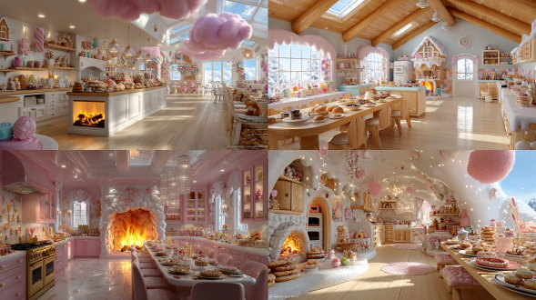 糖果屋内景中心构图，长餐桌，摆满各种美食，甜甜圈壁炉火焰，巧克力柜子，棒棒糖笔，棉花糖吊灯，姜饼人和姜饼木马， ，3d卡通渲染，c4d建模，oc渲染器，高饱和度，糖霜材质纹理，柔光漫射，多彩糖果色，阳光充足，明亮光