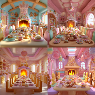 卡通风格，糖果屋内景，中心构图，长餐桌，摆满各种美食，甜甜圈壁炉火焰，巧克力柜子，棒棒糖笔，棉花糖吊灯，姜饼人和姜饼木马，圆润边缘，多彩糖果色，梦幻可爱，3d卡通渲染，c4d建模，oc渲染器，高饱和度，糖霜材质纹理，柔光漫射，阳光充足，明亮光