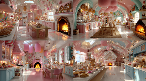 卡通风格，糖果屋内景，中心构图，长餐桌，摆满各种美食，甜甜圈壁炉火焰，巧克力柜子，棒棒糖笔，棉花糖吊灯，姜饼人和姜饼木马，圆润边缘，多彩糖果色，梦幻可爱，3d卡通渲染，c4d建模，oc渲染器，高饱和度，糖霜材质纹理，柔光漫射，阳光充足，明亮光