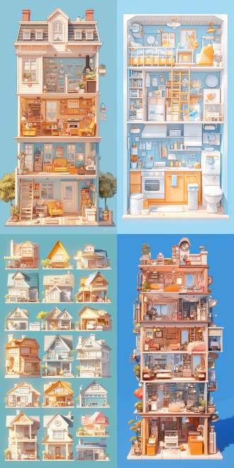 一幅可爱风格的插画，展示了名为的房屋剖面图。画面以浅蓝色为背景，房屋共多层，每层划分不同功能空间，有阁楼、客厅、卧室、卫浴、厨房等。 各房间布置着丰富可爱的家具，像书架、沙发、床、浴缸、炉灶等，色彩柔和明快，营造出温馨童趣氛围。整体画风属于清新治愈的手绘插画，类似儿童绘本或装饰画风格 。 房屋剖面图 娃娃屋