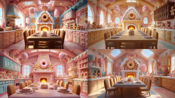 卡通风格，糖果屋内景，中心构图，长餐桌，摆满各种美食，甜甜圈壁炉火焰，巧克力柜子，棒棒糖笔，棉花糖吊灯，姜饼人和姜饼木马，圆润边缘，多彩糖果色，梦幻可爱，3d卡通渲染，c4d建模，oc渲染器，高饱和度，糖霜材质纹理，柔光漫射，阳光充足，明亮光