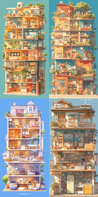 一幅可爱风格的插画，展示了名为的房屋剖面图。画面以浅蓝色为背景，房屋共多层，每层划分不同功能空间，有阁楼、客厅、卧室、卫浴、厨房等。 各房间布置着丰富可爱的家具，像书架、沙发、床、浴缸、炉灶等，色彩柔和明快，营造出温馨童趣氛围。整体画风属于清新治愈的手绘插画，类似儿童绘本或装饰画风格 。 房屋剖面图 娃娃屋