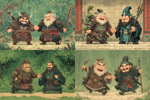 q版李逵与张飞相遇，肤色黝黑魁梧胖，开心夸张表情，幽默互动，李逵棕色服饰双斧，张飞黑袍丈八蛇矛，两人握手，q版水墨国画风格，暖色调明媚阳光，传统服饰兵器，动态构图，细腻笔触，高对比度，侧光照射，戏剧性场景，欢乐氛围，生动线条，复古质感，明亮色彩，夸张比例，流畅动作，传统元素，幽默夸张。