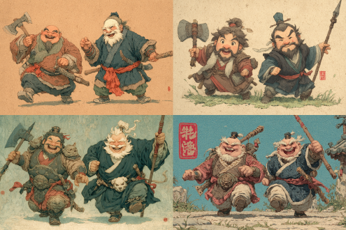 李逵与张飞相遇，q版水墨国画风格，魁梧胖体态，深色皮肤，夸张开心表情，幽默互动，李逵棕色服饰双斧在手，张飞黑色长袍持丈八蛇矛，搭肩动作，暖色调阳光明媚，传统服饰兵器，动态构图，细腻笔触，高对比度，侧光照射，戏剧性场景，欢乐氛围，生动线条，复古质感，明亮色彩。