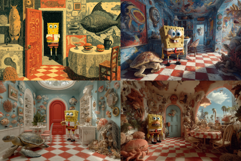 3d渲染，抽象立体主义，毕加索画风，海绵宝宝手持汉堡，呆立门口惊讶表情，餐厅场景，圆形餐桌，变异鱼海龟寄居蟹，缠绕渔网塑料袋，海洋污染主题，鱼身扭曲变形，红白格子地砖，超现实主义，高饱和度色彩，广角镜头，戏剧性光线，亮色调，强烈对比，丰富细节，生态警示，荒诞氛围