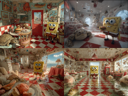 3d渲染，餐厅场景，圆形餐桌，各种变异鱼海龟寄居蟹，身上缠绕渔网塑料袋，坐满餐厅座椅，鱼身扭曲变形，海绵宝宝手持汉堡，呆立门口惊讶表情，海洋污染主题，红白格子地砖，超现实主义，高饱和度色彩，广角镜头，戏剧性光线，整体明亮环境，强烈对比，丰富细节，生态警示，荒诞氛围