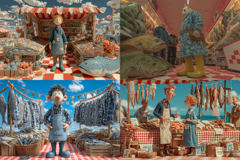 3d渲染，菜市场摊位，卡通形象，卖鱼的渔夫，开心表情，围裙和雨靴，变异畸形鱼类螃蟹，渔网塑料袋缠绕，摊位摆满扭曲鱼身，顾客惊讶瞪眼，红白格子地砖，明亮场景，超现实主义，高饱和度色彩，广角镜头，戏剧性光线，强烈对比，丰富细节，海洋污染主题，生态警示，荒诞氛围