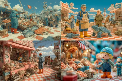 3d渲染，卡通风格，菜市场摊位，卖鱼的渔夫笑容灿烂，穿橙色胶靴蓝色围裙，各种变异鱼海龟寄居蟹，鱼身扭曲缠绕渔网塑料袋，摊位摆满畸形海鲜，顾客瞪眼捂嘴惊讶，背景其他摊位天空城市海边沙滩堆满垃圾，红白格子地砖，超现实主义，高饱和度色彩，广角镜头，戏剧性光线，明亮环境，强烈对比，丰富细节，生态警示，荒诞氛围