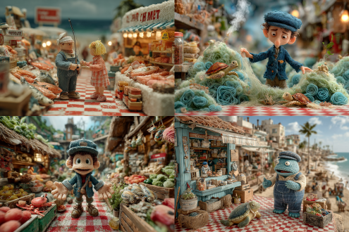 皮克斯风格卡通渔夫站在摊位后开心接待顾客，迷你小人穿着渔民服装，各种变异鱼海龟寄居蟹摆满摊位，身上缠绕渔网塑料袋，鱼身扭曲变形，顾客惊讶表情，菜市场背景众多摊位，远处工厂海边沙滩少量白烟，沙滩垃圾，海洋污染主题，红白格子地砖，超现实主义，高饱和度色彩，广角镜头，戏剧性光线，明亮环境，强烈对比，丰富细节，生态警示，荒诞氛围