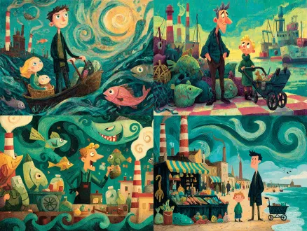 卡通渔夫开心微笑穿破旧渔夫服戴草帽站在摊位后，变异畸形鱼扭曲缠渔网塑料袋摆满摊位，年轻妈妈瞪大眼推婴儿车婴儿吓哭，菜市场红白格子地砖其他摊位背景工厂烟囱白烟沙滩垃圾，广角镜头戏剧性光线高饱和度超现实风格，生态警示荒诞氛围强烈对比丰富细节明亮色彩，细腻笔触夸张比例幽默夸张复古质感生动线条欢乐氛围海洋污染主题。