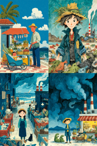 卡通渔贩开心微笑穿破旧渔夫服戴草帽站摊位后，变异畸形鱼扭曲缠渔网塑料袋，年轻妈妈瞪眼推婴儿车婴儿吓哭，菜市场红白格子地砖其他摊位，远处工厂白烟沙滩垃圾，广角镜头戏剧性光线高饱和度超现实风格生态警示荒诞氛围强烈对比丰富细节明亮色彩欢乐氛围细腻笔触夸张比例幽默夸张海洋污染主题