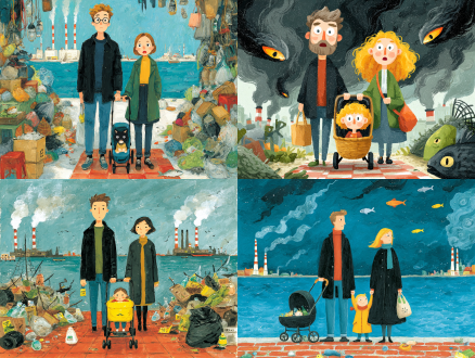 卡通插画风格，海边市场，中心汇聚线构图，对称布局，年轻父母推婴儿车惊讶表情，婴儿吓哭，海边沙滩上摆满奇怪丑陋鱼扭曲渔网塑料袋，红白格子地砖，远处大海工厂烟囱白烟沙滩垃圾，广角镜头，戏剧性光线，高饱和度，超现实风格，生态警示，荒诞氛围，强烈对比，丰富细节，明亮环境，海洋污染主题，细腻笔触，高对比度，欢乐氛围，生动线条，复古质感，夸张比例，流畅动作，幽默夸张。