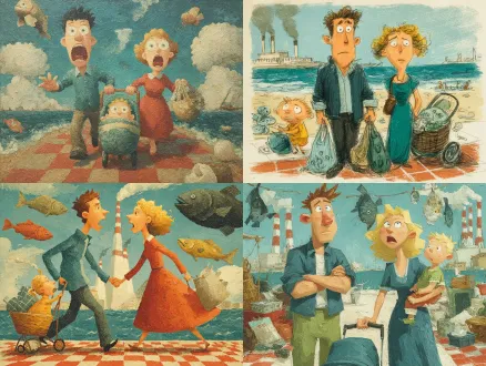 卡通插画风格，油画棒质感，海边市场，中心汇聚线构图，对称布局，年轻父母推婴儿车惊讶表情，婴儿吓哭，海边沙滩上摆满奇怪丑陋鱼扭曲渔网塑料袋，红白格子地砖，远处大海工厂烟囱白烟沙滩垃圾，广角镜头，戏剧性光线，高饱和度，超现实风格，生态警示，荒诞氛围，强烈对比，丰富细节，明亮环境，海洋污染主题，细腻笔触，高对比度，欢乐氛围，生动线条，复古质感，夸张比例，流畅动作，幽默夸张。