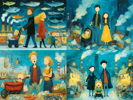 儿童插画涂鸦风格，油画棒质感，海边海鲜市场，年轻父母惊讶表情推婴儿车，婴儿吓哭，摊位堆满扭曲奇怪的鱼，渔网塑料袋，远处工厂烟囱白烟，广角镜头，戏剧性光线，高饱和度，超现实风格，生态警示，荒诞氛围，强烈对比，丰富细节，明亮环境，海洋污染主题，细腻笔触，高对比度，欢乐氛围，生动线条，复古质感，夸张比例，流畅动作，幽默夸张。