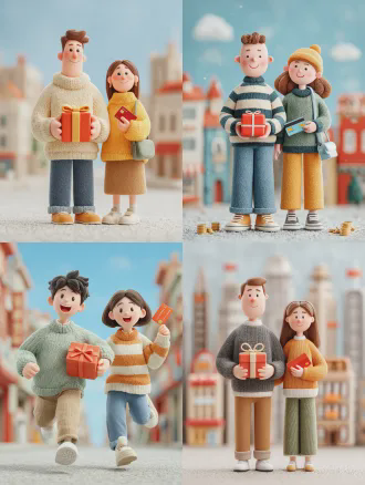 3d卡通极简风格，正面特写，年轻男女微笑，男人手持红色礼盒开心，女人手拿信用卡，礼盒飞出金币，深圳城市楼群背景，中国风元素，色彩丰富活泼，鲜艳色调，动态姿势，快乐情绪，光滑材质，柔和光影，蓝白色天空，广角镜头，浅景深，高饱和度，明亮对比，未来感科技风，商业广告，c4d渲染，8k高清，光线追踪