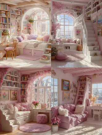 调温馨儿童房，小巧精致梦幻童画风格，粉色公主阁楼床，床下是衣柜，床的侧面是手扶步梯，飘窗书桌和可爱座椅，墙边薄书架摆满玩偶，装饰画与儿童沙发点缀，阳光从窗户柔和铺洒，高饱和度色彩，广角镜头视角，浅景深效果，细节丰富生动，画面洋溢着童趣与温暖的氛围。