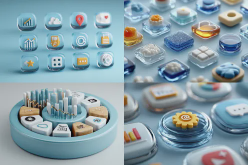 3d立体风格功能图标，蓝色透明玻璃质感，数据分析、资源分配、风险管理等图标清晰排列，单层浅蓝圆形底座，白色背景，等距视图，柔和均匀照明，图标高识别度，极简主义，科技感，清爽配色，整洁有序。