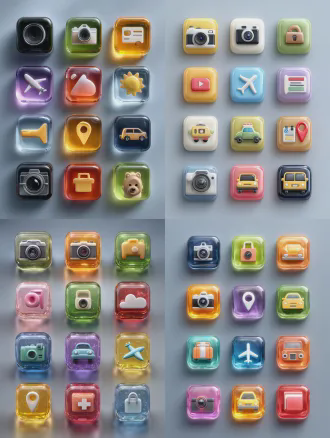 一组3d q版应用图标，半透明果冻立体质感，圆润柔软造型，相机、汽车、定位、飞机等图标，45度角视角，水晶透明材质，高饱和度撞色，明亮色调，光泽纹理，俏皮设计，每排五个，png透明背景，柔和光影，8k高细节，统一卡通风格，功能标识。