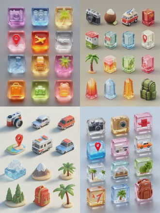 3d卡通q版图标集，晶冻质感立体风格，鲜艳色与圆润造型，活泼可爱。内含相机、汽车、定位、飞机、地图、红包、椰子树、背包、高铁图标。45度视角，水晶半透明，高饱和度撞色，明亮色调，光泽纹理，俏皮设计。每页五个或单个剪切，透明png背景，高细节，8k分辨率，柔和光影，简洁细节，风格统一，辨识度高，适用于app界面标识。