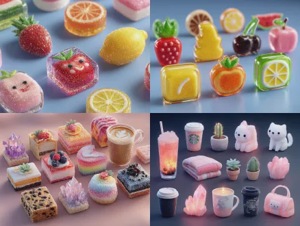 3d卡通q版图标集，晶冻质感立体风格，45度视角，水晶半透明，高饱和度撞色，鲜艳色圆润造型，柔和光影与光泽纹理，俏皮设计，高细节8k分辨率，单个剪切透明png背景，风格统一辨识度高，适用于app界面标识，活泼可爱。