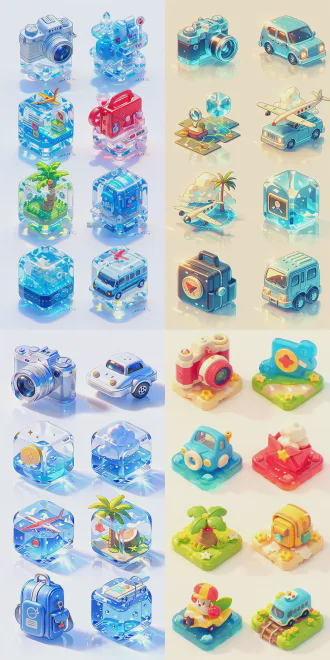 3d卡通q版图标集，晶冻质感立体风格，彩色鲜艳与圆润造型，相机、汽车、定位、飞机、地图、红包、椰子树、背包、高铁图标，45度等距视角，水晶半透明材质，高饱和度撞色，明亮色调，强光照射光泽纹理，俏皮设计，八种图标呈单个剪切视图展示，透明png背景，柔和光影，高细节8k分辨率，高度统一简约风格，app界面标识应用。