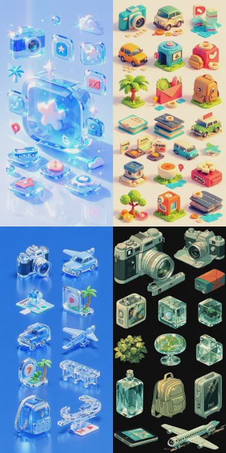 3d卡通q版图标集 晶冻质感立体风格 相机汽车定位飞机地图红包椰子树背包高铁图标 45度等距视角 单个剪切视图 透明png背景 高饱和度撞色 圆润造型 水晶半透明光泽 强光照射 明亮色调 柔和光影 风格统一极简主义 高细节8k分辨率 适用于app界面标识