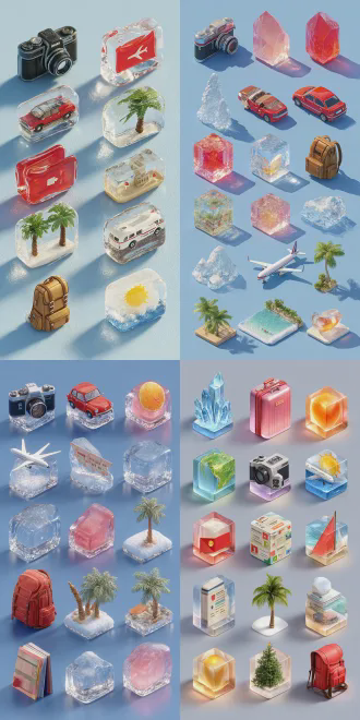 3d卡通q版图标集，晶冻质感立体风格，45度视角等距视图，单个剪切视图透明png背景，相机汽车定位飞机地图红包椰子树背包高铁天气相册图标，高饱和度鲜艳撞色，圆润造型，水晶半透明材质，光泽纹理，强光照射柔和光影，俏皮设计风格统一，高细节8k分辨率，极简主义高辨识度app界面标识。