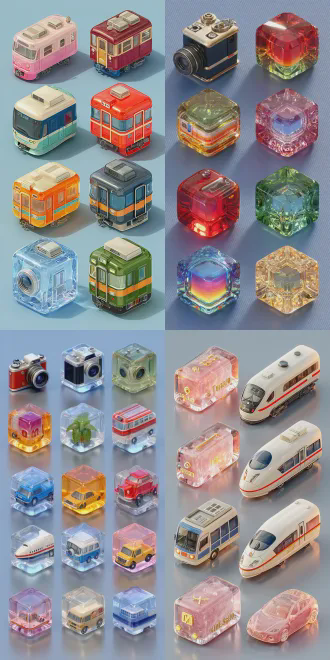 45度等距视角展示，3d卡通q版图标集，相机汽车高铁飞机等八种图标，晶冻质感立体风格，半透明水晶材质，圆润造型，高饱和度撞色，明亮色调，光泽纹理，强光照射，柔和光影，高细节，等距视图，透明png背景，俏皮设计，风格统一极简主义，8k分辨率，高辨识度app图标。