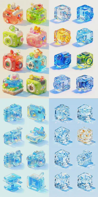 3d q版图标套装，晶冻立体质感，相机、汽车、飞机等八种统一风格图标，45度等距视角展示，单个剪切视图，水晶半透明材质，高饱和度鲜艳撞色，圆润俏皮造型，强光照射下光泽纹理明显，明亮色调，柔和光影，极简主义设计，透明png背景，高细节8k分辨率，适用于app界面标识，风格统一且辨识度高。