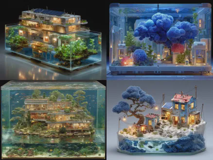 蒸汽朋克水族箱，60x40x40尺寸，多层次活石与机械黄铜造景，水下办公楼等距工业设计，白蓝配色，超现实水效，圆润形态，简洁多彩插图，荷兰海洋场景，网络流与光伏板，风力涡轮机，整齐电池阵列，细节丰富景观，c4d渲染，等距视图，柔光照明，静谧超现实感，柔和冷色调。