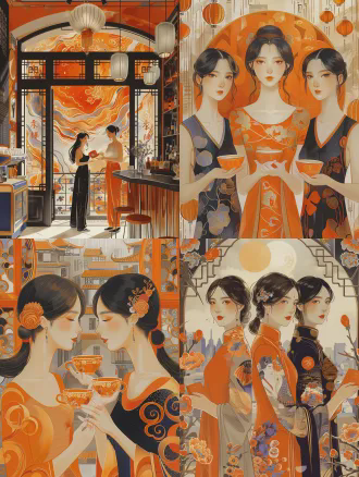 三位年轻女性站在一起，中间的女性双手拿着红色信封，两边的女性各自拿着咖啡和下午茶，适量图形，简洁色块，柔美色块极简主义，，扁平插画，极简风格，布达佩斯大饭店，酒吧台，china daily风格，4k超清，对称构图，柔和光线，暖色调，广角镜头，细节丰富，温馨氛围，享受美食，轻松表情。 橙色