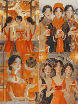 三位年轻女性站在一起，中间的女性双手拿着红色信封，两边的女性各自拿着咖啡和下午茶，开心的笑，适量图形，简洁色块，柔美色块极简主义，，扁平插画，极简风格，布达佩斯大饭店，酒吧台，china daily风格，4k超清，对称构图，柔和光线，暖色调，广角镜头，细节丰富，温馨氛围，享受美食，轻松表情。 橙色