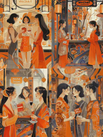 三位年轻女性在布达佩斯大饭店风格酒吧台前，对称构图，中间女性手持写有“微信立减金5868元”卡片的红包，两侧女性手持咖啡与点心开怀大笑，扁平插画极简风格，柔美色块适量图形，温馨暖色调，柔和光线广角镜头，细节丰富超清画质，轻松愉悦氛围。