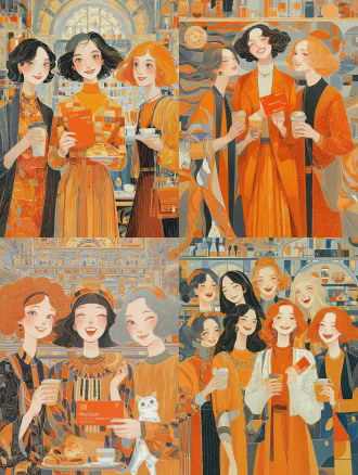 三位年轻女性正面合影，中间女性手持写有“微信立减金 5868元”卡片的红包，两侧女性持咖啡与点心开怀大笑，布达佩斯大饭店风格酒吧台，扁平插画与柔美色块极简主义，对称构图，广角镜头，柔和光线，暖色调，细节丰富，温馨欢乐氛围，4k超清。