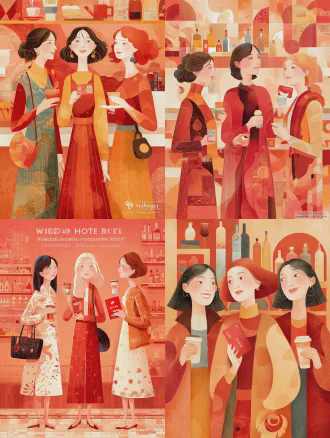 三位女性站立于布达佩斯大饭店风格酒吧台前，对称构图，中间女性持写有“微信立减金 5868元”的红色卡片，两侧女性手持咖啡与点心开怀大笑，扁平插画风格，极简主义，柔美色块，适量图形，温馨暖色调，柔和光线，广角镜头，细节丰富，4k超清，china daily 风格插画。