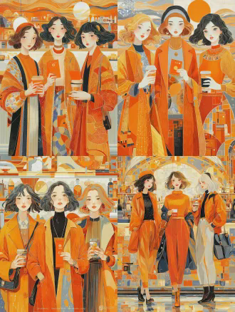 三位年轻亚洲女性正面站立对称构图，中间女性手持红包卡片显示微信立减金5868元，两侧女性持咖啡与点心开怀大笑，布达佩斯大饭店风格酒吧台，柔美色块极简主义扁平插画，china daily风格，暖色调橙色主调，柔和光线广角镜头，细节丰富温馨氛围，轻松愉快表情。