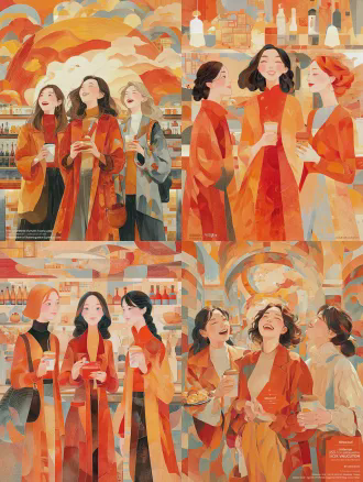 三位亚洲女性正面站立对称构图，中间女性手持写有“微信立减金 5868元”的红包，两侧女性手持咖啡与点心开怀大笑，布达佩斯大饭店风格酒吧台，扁平插画极简主义，柔和色块，温暖光线，广角镜头，细节丰富，温馨欢乐氛围，4k超清。