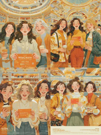 三位年轻亚洲女性开心大笑，中间女性正面站立手持写有“微信立减金 5868元”卡片的红包，两侧女性手拿咖啡与点心，布达佩斯大饭店风格酒吧台，扁平插画极简风格，适量图形与柔美色块，对称构图，广角镜头，柔和光线，暖色调，细节丰富，温馨欢乐氛围。