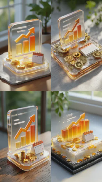 图标设计，轻量毛玻璃风格，等距视角，桌面悬浮倾斜立体数据看板，中心有上涨箭头和柱状图，图标下方底座，周边散落带¥符号金币，底座右下角日历，背景多条细腻毛玻璃丝带环绕，窗外阳光洒入，明亮柔和光线，弥散光影，清新通透色彩，柔和渐变，宁静积极氛围，c4d渲染，oc渲染器，景深效果，柔焦，高细节，工作室灯光