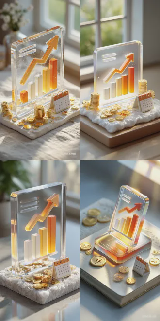 图标设计，轻量毛玻璃风格，等距视角，桌面悬浮倾斜立体数据看板，中心有上涨箭头和柱状图，图标下方底座，周边散落带¥符号金币，底座右下角日历，背景多条细腻毛玻璃丝带环绕，窗外阳光洒入，明亮柔和光线，弥散光影，清新通透色彩，柔和渐变，宁静积极氛围，c4d渲染，oc渲染器，景深效果，柔焦，高细节，工作室灯光，宏观摄影，浅景深，自然光，柔和阴影，明亮通透，柔和色彩渐变，宁静积极情绪。