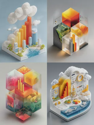 海报设计，正面仰视视角，强透视感，正视图，对称构图，轻量毛玻璃风格，悬浮的高大数据看板，上涨箭头与柱状图，纯白背景，明亮柔和光线，弥散光影，清新通透色彩，c4d渲染，oc渲染器，等距视图，商业科技感，柔和阴影，干净极简。